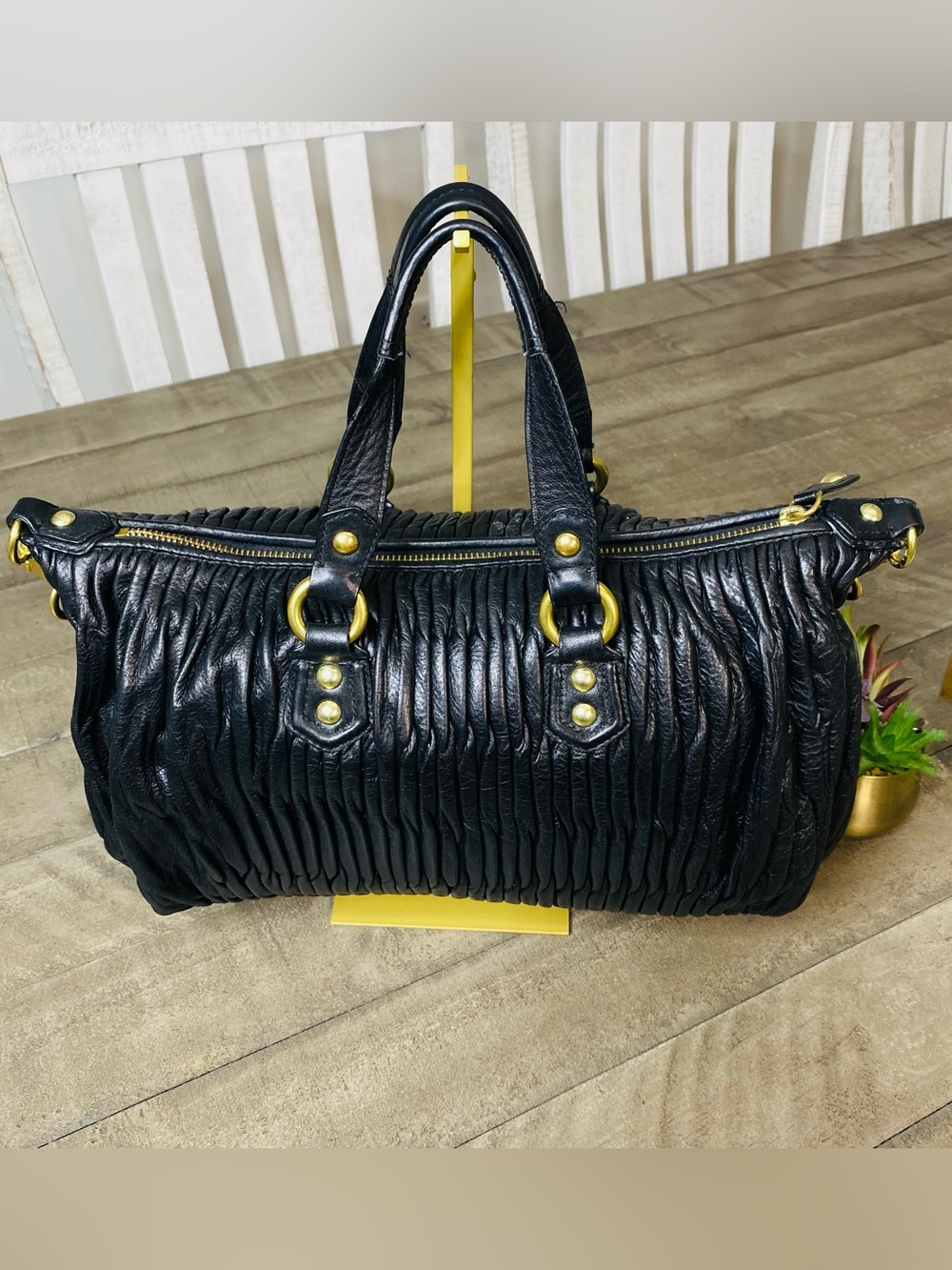 Coach Ashley Black Gathered Leather Satchel Bag F17647 Ruched Gold Hardware - Picture 7 of 14